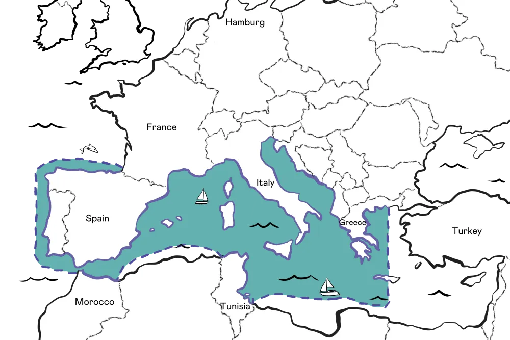 Map highlighting the Mediterranean Sea with sailboat icons and cruising range, showing parts of Europe, North Africa, and the Middle East.