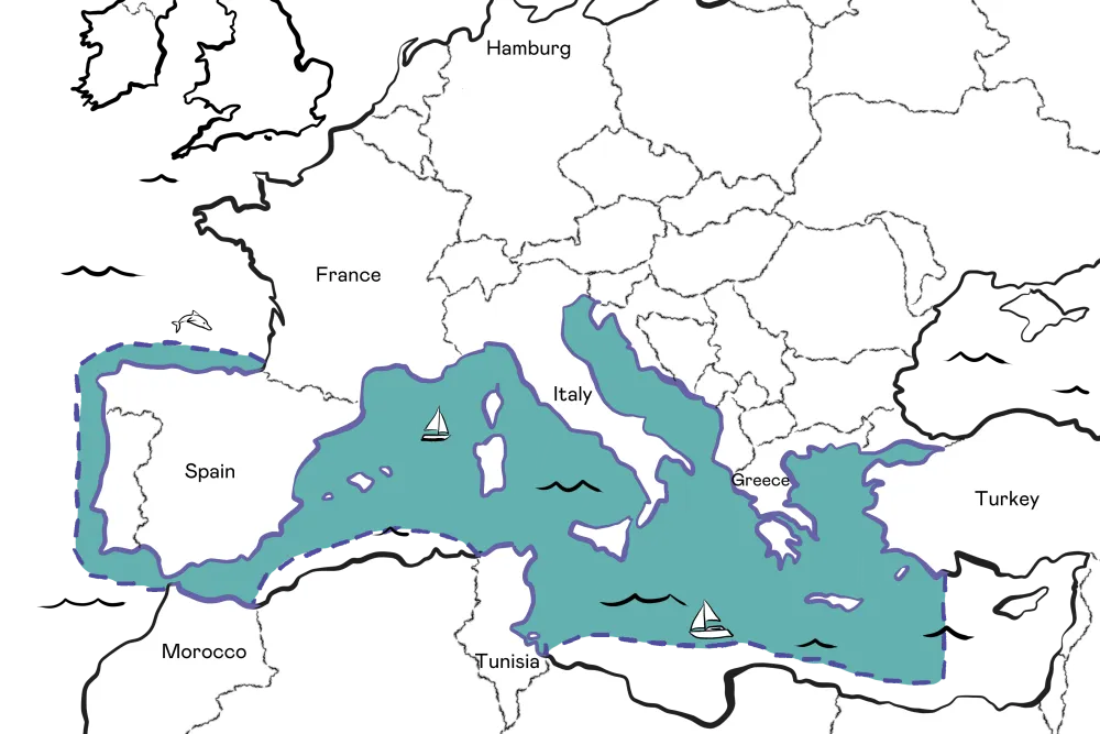 Map of the Mediterranean Sea displaying cruising range with boats and surrounding countries: Spain, France, Italy, Greece, Turkey, Morocco, Tunisia.