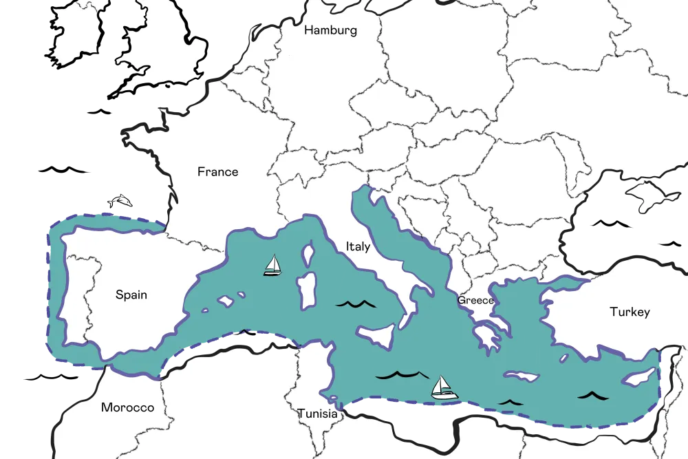 Map highlighting the cruising range of the Mediterranean Sea with France, Spain, Italy, Greece, Turkey, Morocco, Tunisia, and Hamburg labeled.