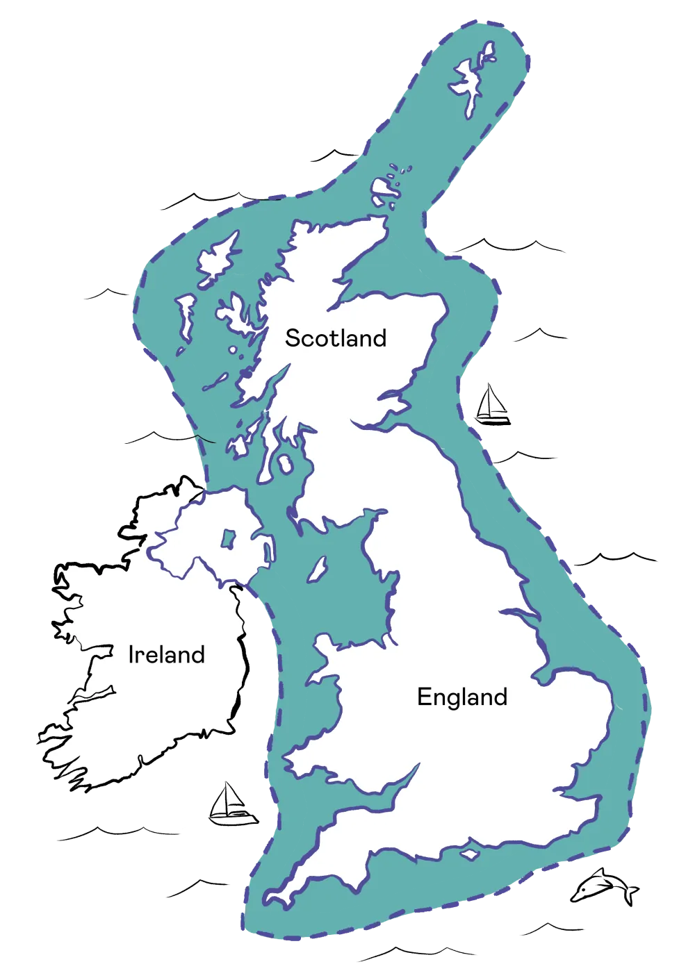 Map illustrating the UK and Ireland, highlighting Scotland, England, and Ireland, with surrounding water. Small boat icons indicate the cruising range along these picturesque coastlines.