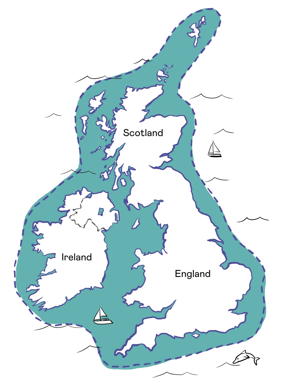 Map illustration of Great Britain and Ireland with labeled regions: Ireland, Scotland, and England; small boats exploring the cruising range in the surrounding sea.