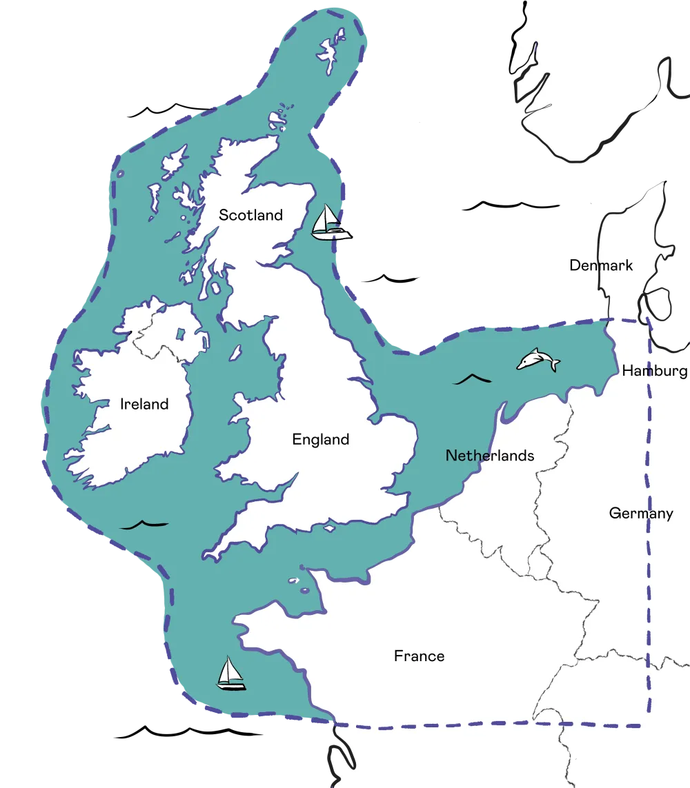 Map highlighting cruising range in the sea region around the British Isles and Western Europe with boat icons.