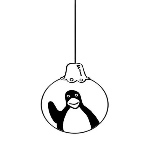 This illustration features a penguin inside a hanging round ornament, with a simple black and white design reminiscent of the stark contrast seen during dinghy maintenance on icy waters.